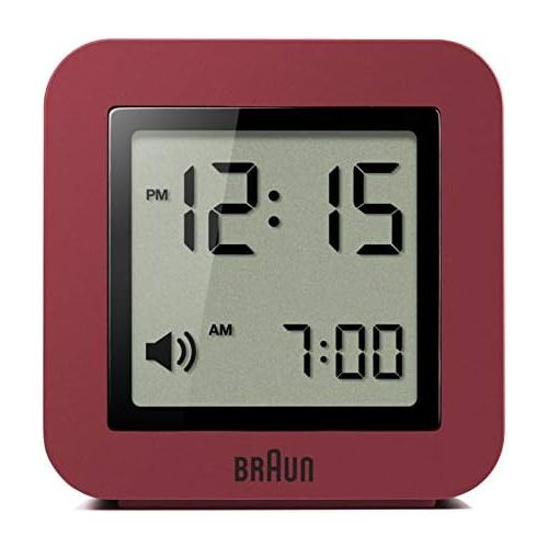 브라운 Braun Digitaler Reisewecker Schlummerfunktion, kompakte Groesse, Positiv-LCD, Schnelleinstellfunktion, Crescendo-Alarm, rotes Modell BNC018R.