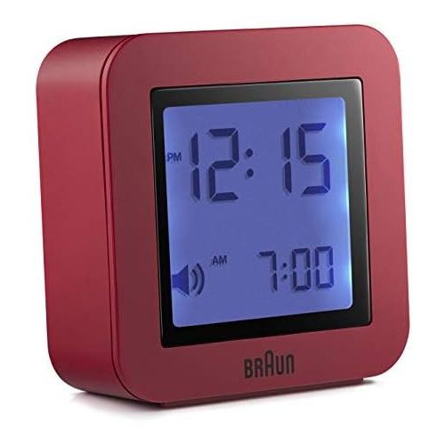 브라운 Braun Digitaler Reisewecker Schlummerfunktion, kompakte Groesse, Positiv-LCD, Schnelleinstellfunktion, Crescendo-Alarm, rotes Modell BNC018R.