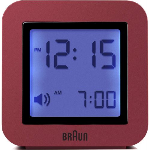 브라운 Braun Digitaler Reisewecker Schlummerfunktion, kompakte Groesse, Positiv-LCD, Schnelleinstellfunktion, Crescendo-Alarm, rotes Modell BNC018R.
