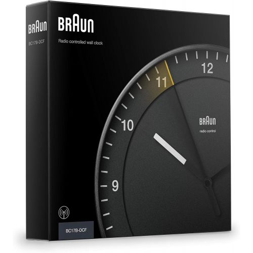 브라운 Braun Klassische grosse Funkwanduhr Mitteleuropaische Zeitzone (MEZ/GMT+1) mit leisem Uhrwerk, leicht lesbares Zifferblatt, 30cm Durchmesser, schwarzes Modell BC17B-DCF.
