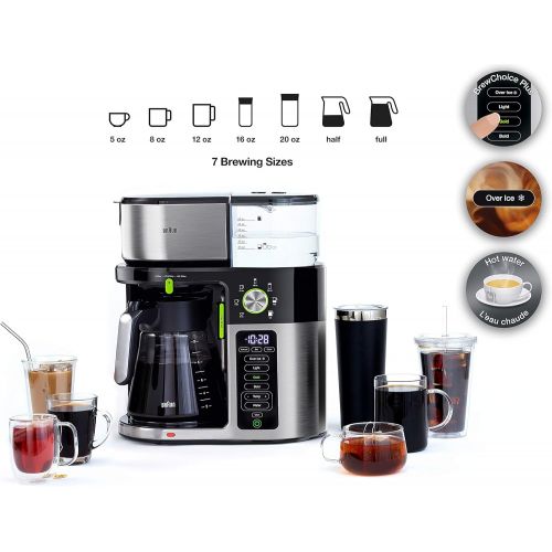 브라운 Braun MultiServe Coffee Machine 7 Programmable Brew Sizes / 3 Strengths + Iced Coffee & Hot Water for Tea, Glass Carafe (10-Cup), Stainless/Black, KF9150BK