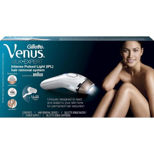 브라운 Braun Gillette Venus Silk-Expert IPL 5001 Intense Pulsed Light, 300,000 Flashes, Face & Body Hair Removal System with Razor