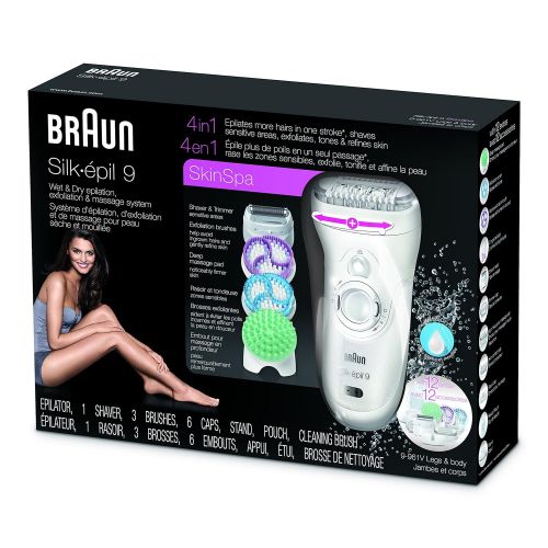 브라운 Braun Silk-epil 9 9-961V Womens Epilator, Electric Hair Removal, with 2 Exfoliation Brushes & Skin Care System (Packaging May Vary)