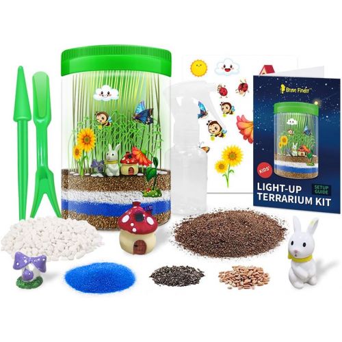  Brave Finder Light-up Terrarium Kit for Kids with Colorful LED on Lid - Kids Birthday Educational Gifts for Boys & Girls Mini Garden in a Jar Great Science Kits - Gardening Gifts for Children -