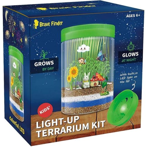  Brave Finder Light-up Terrarium Kit for Kids with Colorful LED on Lid - Kids Birthday Educational Gifts for Boys & Girls Mini Garden in a Jar Great Science Kits - Gardening Gifts for Children -