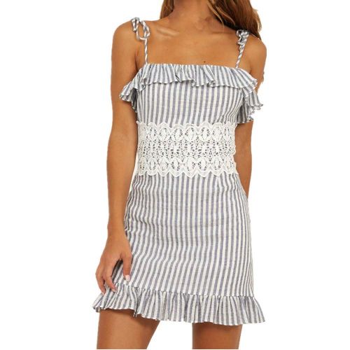  Bravetoshop - dress Bravetoshop Womens Lace Striped Printing Off-Shoulder Mini Dress Princess Halter Dress