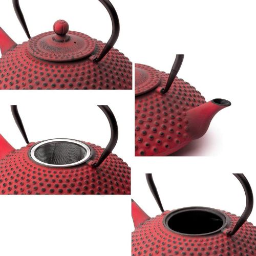  Bredemeijer Teekanne asiatisch Gusseisen Set rot 0,8 Liter mit Tee-Filter-Sieb mit Stoevchen und Teebecher (2 Tassen) rot