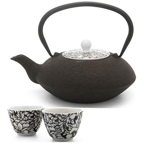  Bredemeijer Teekanne asiatisch Gusseisen Set braun 1,2 Liter mit Tee-Filter-Sieb und Teebecher (2 Tassen) Porzellan