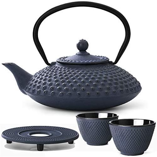  Bredemeijer Teekanne asiatisch Gusseisen Set blau 1,25 Liter mit Tee-Filter-Sieb mit Stoevchen und Teebecher (2 Tassen) blau
