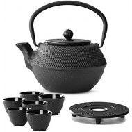 Bredemeijer Teekanne asiatisch Gusseisen Set schwarz 1,1 Liter mit Tee-Filter-Sieb mit Untersetzer und 6 Teebecher