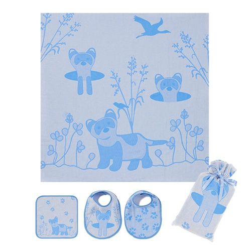  Breganwood Organics Muslin Swaddle Blanket Comes in Its Own Muslin Bag and Includes 2 Matching Bibs and A Wash Cloth, Soft Blue Adorable Ferret Design, Perfect for Your Precious Ne