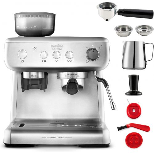 브레빌 Breville VCF126X Barista Max Siebtrager (2,8 L Wassertank, integriertes Mahlwerk und Milchschaumer, Edelstahl auch fuer Latte und Cappuccino)