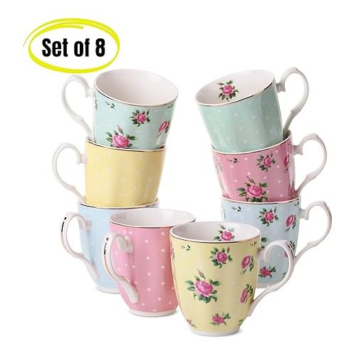  BTaT- Royal Coffee Mugs, 12 oz, Set of 8, Floral Mugs, Porcelain Bone China, Tea Mug, Coffee Mug Set, Large Coffee Mugs, Coffee Cups Set, Flower Mugs for Coffee, Tea Cups, Tea Mugs