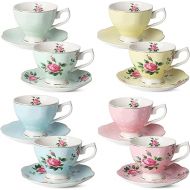 BTaT- Floral Tea Cups and Saucers, Set of 8 (8 oz), Multi-Color with Gold Trim and Gift Box, Coffee Cups, Floral Tea Cup Set, British Tea Cups, Porcelain Tea Set, Tea Sets for Women, Latte Cups