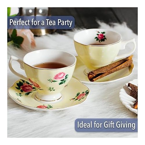  BTaT- Floral Tea Cups and Saucers, Set of 8 (8 oz), Multi-Color with Gold Trim and Gift Box, Coffee Cups, Floral Tea Cup Set, British Tea Cups, Porcelain Tea Set, Tea Sets for Women, Latte Cups