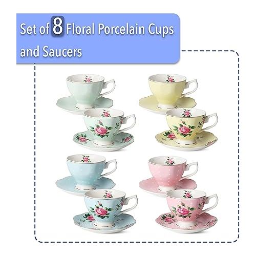  BTaT- Floral Tea Cups and Saucers, Set of 8 (8 oz), Multi-Color with Gold Trim and Gift Box, Coffee Cups, Floral Tea Cup Set, British Tea Cups, Porcelain Tea Set, Tea Sets for Women, Latte Cups