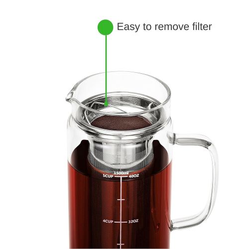  Brew To A Tea BTaT- Cold Brew Coffee Maker, 1.5 Quart,48 oz Iced Coffee Maker, Iced Tea Maker, Airtight Cold Brew Pitcher, Coffee Accessories, Cold Brew System, Cold Tea Brewing, Coffee Gift, Te