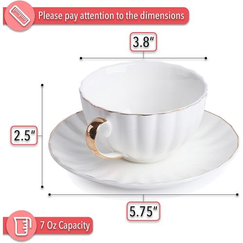  Brew To A Tea BTaT- Tea Cups and Saucers, Set of 6 (7 oz) with Gold Trim and Gift Box, Cappuccino Cups, Coffee Cups, White Tea Cup Set, British Coffee Cups, Porcelain Tea Set, Latte Cups, Espres