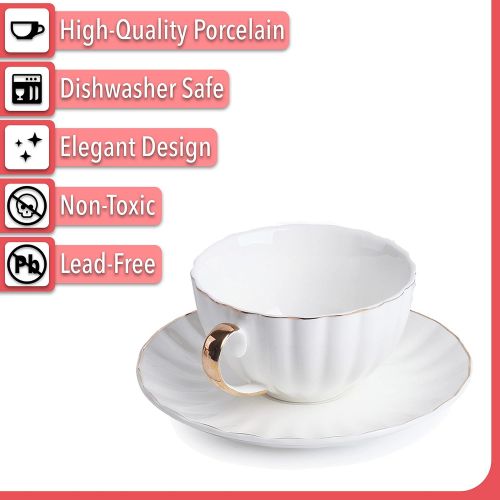  Brew To A Tea BTaT- Tea Cups and Saucers, Set of 6 (7 oz) with Gold Trim and Gift Box, Cappuccino Cups, Coffee Cups, White Tea Cup Set, British Coffee Cups, Porcelain Tea Set, Latte Cups, Espres