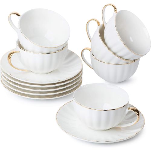  Brew To A Tea BTaT- Tea Cups and Saucers, Set of 6 (7 oz) with Gold Trim and Gift Box, Cappuccino Cups, Coffee Cups, White Tea Cup Set, British Coffee Cups, Porcelain Tea Set, Latte Cups, Espres