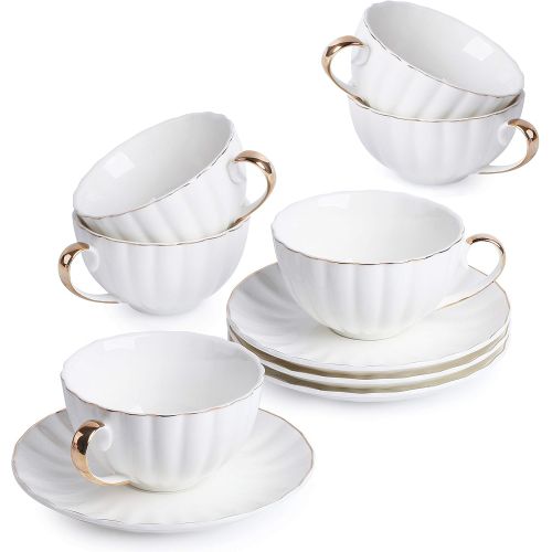  Brew To A Tea BTaT- Tea Cups and Saucers, Set of 6 (7 oz) with Gold Trim and Gift Box, Cappuccino Cups, Coffee Cups, White Tea Cup Set, British Coffee Cups, Porcelain Tea Set, Latte Cups, Espres