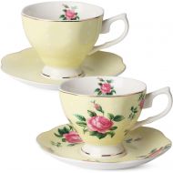 Brew To A Tea BTaT- Floral Tea Cups and Saucers, Set of 2 (Yellow - 8 oz) with Gold Trim and Gift Box, Coffee Cups, Floral Tea Cup Set, British Tea Cups, Porcelain Tea Set, Tea Sets for Women, L