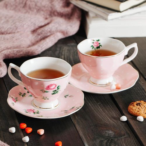  Brew To A Tea BTaT- Floral Tea Cups and Saucers, Set of 2 (Pink - 8 oz) with Gold Trim and Gift Box, Coffee Cups, Floral Tea Cup Set, British Tea Cups, Porcelain Tea Set, Tea Sets for Women, Lat