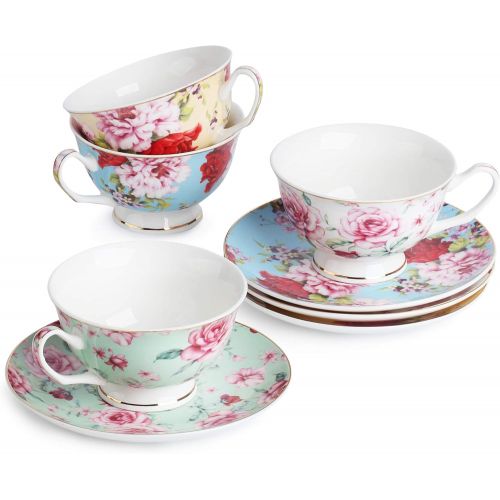  Brew To A Tea BTaT- Tea Cups, Tea Cups and Saucers Set of 4, Tea Set, Floral Tea Cups (8oz), Tea Cups and Saucers Set, Tea Set, Porcelain Tea Cups, Tea Cups for Tea Party, Rose Teacups, China Te