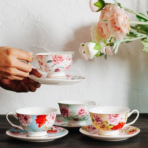  Brew To A Tea BTaT- Tea Cups, Tea Cups and Saucers Set of 4, Tea Set, Floral Tea Cups (8oz), Tea Cups and Saucers Set, Tea Set, Porcelain Tea Cups, Tea Cups for Tea Party, Rose Teacups, China Te