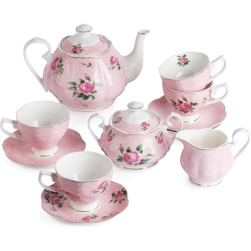  Brew To A Tea BTaT- Floral Tea Set, Tea cups (8oz), Tea Pot (38oz), Creamer and Sugar Set, Gift box, China Tea Set, Tea Sets for Women, Tea Cups and Saucer Set, Tea Set for Adults, 4 Tea Cups Se