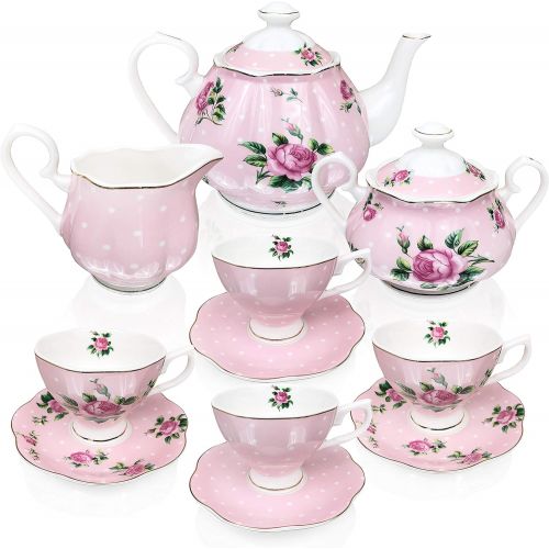  Brew To A Tea BTaT- Floral Tea Set, Tea cups (8oz), Tea Pot (38oz), Creamer and Sugar Set, Gift box, China Tea Set, Tea Sets for Women, Tea Cups and Saucer Set, Tea Set for Adults, 4 Tea Cups Se