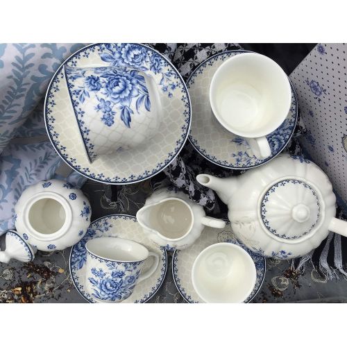  Brew To A Tea BTaT - Tea Set, China Tea Set, Tea Service, Tea Cups (8oz), Creamer and Sugar Set, Tea Cups and Saucer Set, Tea Pot, Tea Set for Adults, Tea Cups Set of 4, Blue Dream Tea Set, Porc