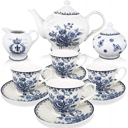  Brew To A Tea BTaT - Tea Set, China Tea Set, Tea Service, Tea Cups (8oz), Creamer and Sugar Set, Tea Cups and Saucer Set, Tea Pot, Tea Set for Adults, Tea Cups Set of 4, Blue Dream Tea Set, Porc