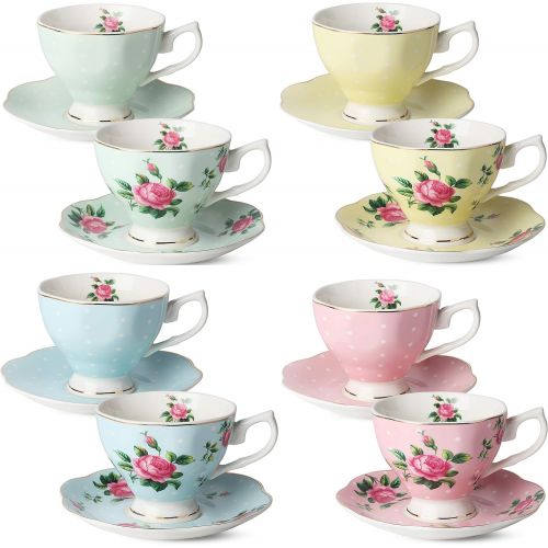  Brew To A Tea BTaT- Floral Tea Cups and Saucers, Set of 8 (8 oz) Multi-color with Gold Trim and Gift Box, Coffee Cups, Floral Tea Cup Set, British Tea Cups, Porcelain Tea Set, Tea Sets for Women