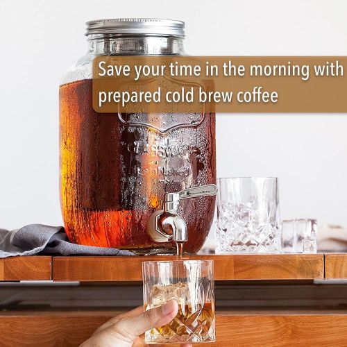  Brew To A Tea BTaT- Cold Brew Coffee Maker, 1 Gallon Mason Jars Drink Dispenser, Gallon Cold Brew Coffee Maker, Iced Tea Maker, Cold Brew Coffee Carafe, Beverage Dispenser, Glass Dispenser, Cold