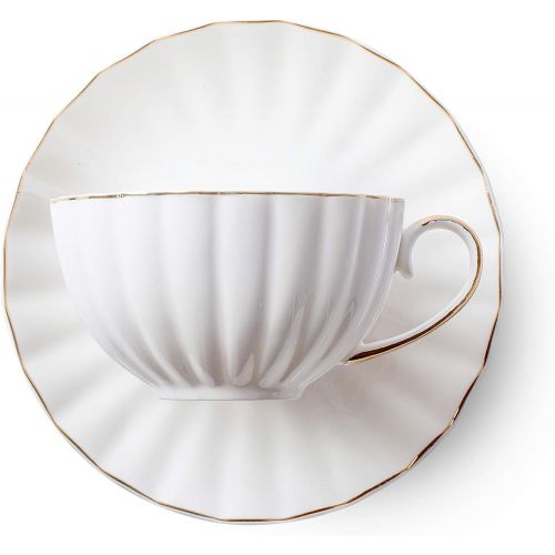  [아마존베스트]Brew To A Tea BTaT- Tea Cups and Saucers, Set of 6 (7 oz) with Gold Trim and Gift Box, Cappuccino Cups, Coffee Cups, White Tea Cup Set, British Coffee Cups, Porcelain Tea Set, Latte Cups, Espres