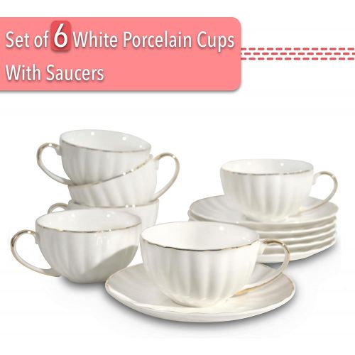  [아마존베스트]Brew To A Tea BTaT- Tea Cups and Saucers, Set of 6 (7 oz) with Gold Trim and Gift Box, Cappuccino Cups, Coffee Cups, White Tea Cup Set, British Coffee Cups, Porcelain Tea Set, Latte Cups, Espres