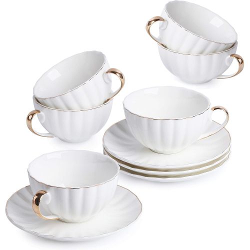  [아마존베스트]Brew To A Tea BTaT- Tea Cups and Saucers, Set of 6 (7 oz) with Gold Trim and Gift Box, Cappuccino Cups, Coffee Cups, White Tea Cup Set, British Coffee Cups, Porcelain Tea Set, Latte Cups, Espres