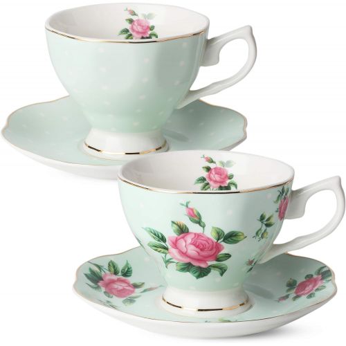  [아마존베스트]Brew To A Tea BTaT- Floral Tea Cups and Saucers, Set of 2 (Green - 8 oz) with Gold Trim and Gift Box, Coffee Cups, Floral Tea Cup Set, British Tea Cups, Porcelain Tea Set, Tea Sets for Women, La