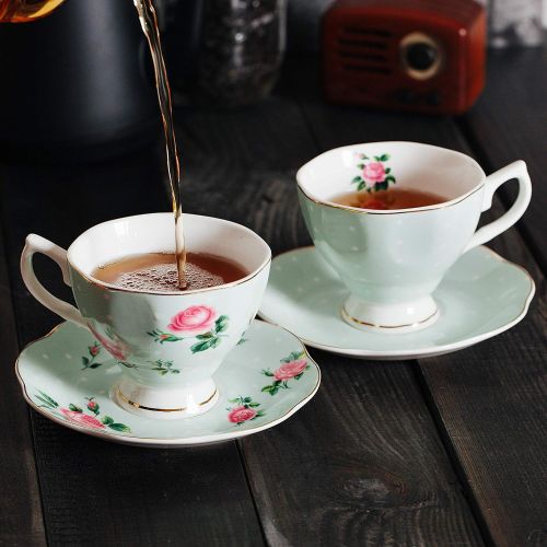  [아마존베스트]Brew To A Tea BTaT- Floral Tea Cups and Saucers, Set of 2 (Green - 8 oz) with Gold Trim and Gift Box, Coffee Cups, Floral Tea Cup Set, British Tea Cups, Porcelain Tea Set, Tea Sets for Women, La