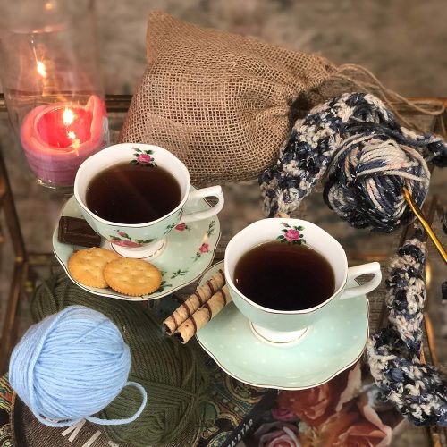  [아마존베스트]Brew To A Tea BTaT- Floral Tea Cups and Saucers, Set of 2 (Green - 8 oz) with Gold Trim and Gift Box, Coffee Cups, Floral Tea Cup Set, British Tea Cups, Porcelain Tea Set, Tea Sets for Women, La
