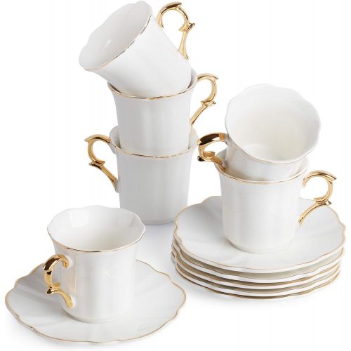  [아마존베스트]Brew To A Tea BTaT- Small Espresso Cups and Saucers, Set of 6 Demitasse Cups (2.4 oz) with Gold Trim and Gift Box, Small Coffee Cup, White Espresso Cup Set, Turkish Coffee Cup, Porcelain Espress