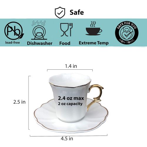  [아마존베스트]Brew To A Tea BTaT- Small Espresso Cups and Saucers, Set of 6 Demitasse Cups (2.4 oz) with Gold Trim and Gift Box, Small Coffee Cup, White Espresso Cup Set, Turkish Coffee Cup, Porcelain Espress