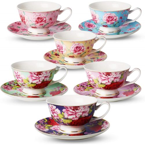  [아마존베스트]Brew To A Tea BTaT- Tea Cups, Tea Cups and Saucers Set of 6, Tea Set, Floral Tea Cups (8oz), Tea Cups and Saucers Set, Tea Set, Porcelain Tea Cups, Tea Cups for Tea Party, Rose Teacups, China Te