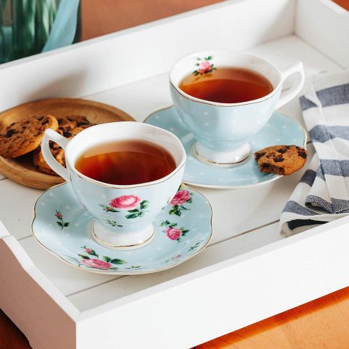  [아마존베스트]Brew To A Tea BTaT- Floral Tea Cups and Saucers, Set of 2 (Blue - 8 oz) with Gold Trim and Gift Box, Coffee Cups, Floral Tea Cup Set, British Tea Cups, Bone China Porcelain Tea Set, Tea Sets for