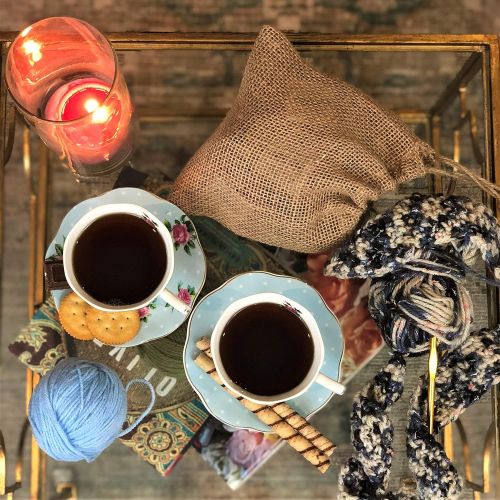  [아마존베스트]Brew To A Tea BTaT- Floral Tea Cups and Saucers, Set of 2 (Blue - 8 oz) with Gold Trim and Gift Box, Coffee Cups, Floral Tea Cup Set, British Tea Cups, Bone China Porcelain Tea Set, Tea Sets for