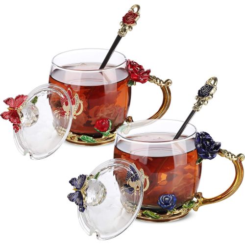  [아마존베스트]Brew To A Tea BTaT- Tea Cups with Lids, Pack of 2, Glass Tea Cup, Fancy Tea Cups, Gifts for Women, Tea Mugs for Women, Flower Tea Cup, Blown Glass, Tea Cup Gift, TeaCup, Tea Sets for Women, Gift