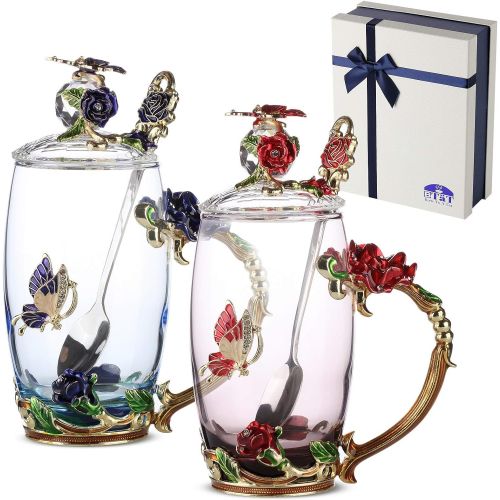  [아마존베스트]Brew To A Tea BTaT- Tea Cups with Lids, Pack of 2, Glass Tea Cup, Fancy Tea Cups, Gifts for Women, Tea Mugs for Women, Flower Tea Cup, Blown Glass, Tea Cup Gift, TeaCup, Tea Sets for Women, Gift