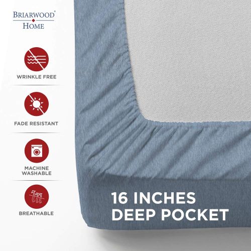  Briarwood Home Heathered Jersey Sheet Set  100% Cotton Luxurious Bedding  150 GSM Deep Pocket, Ultra-Soft, Breathable & Durable Heather Sheet Perfect for Any Season (Queen, Blue