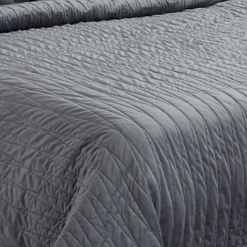  Brielle Premium Heavy Velvet Quilt Set with Cotton Backing, King, Grey